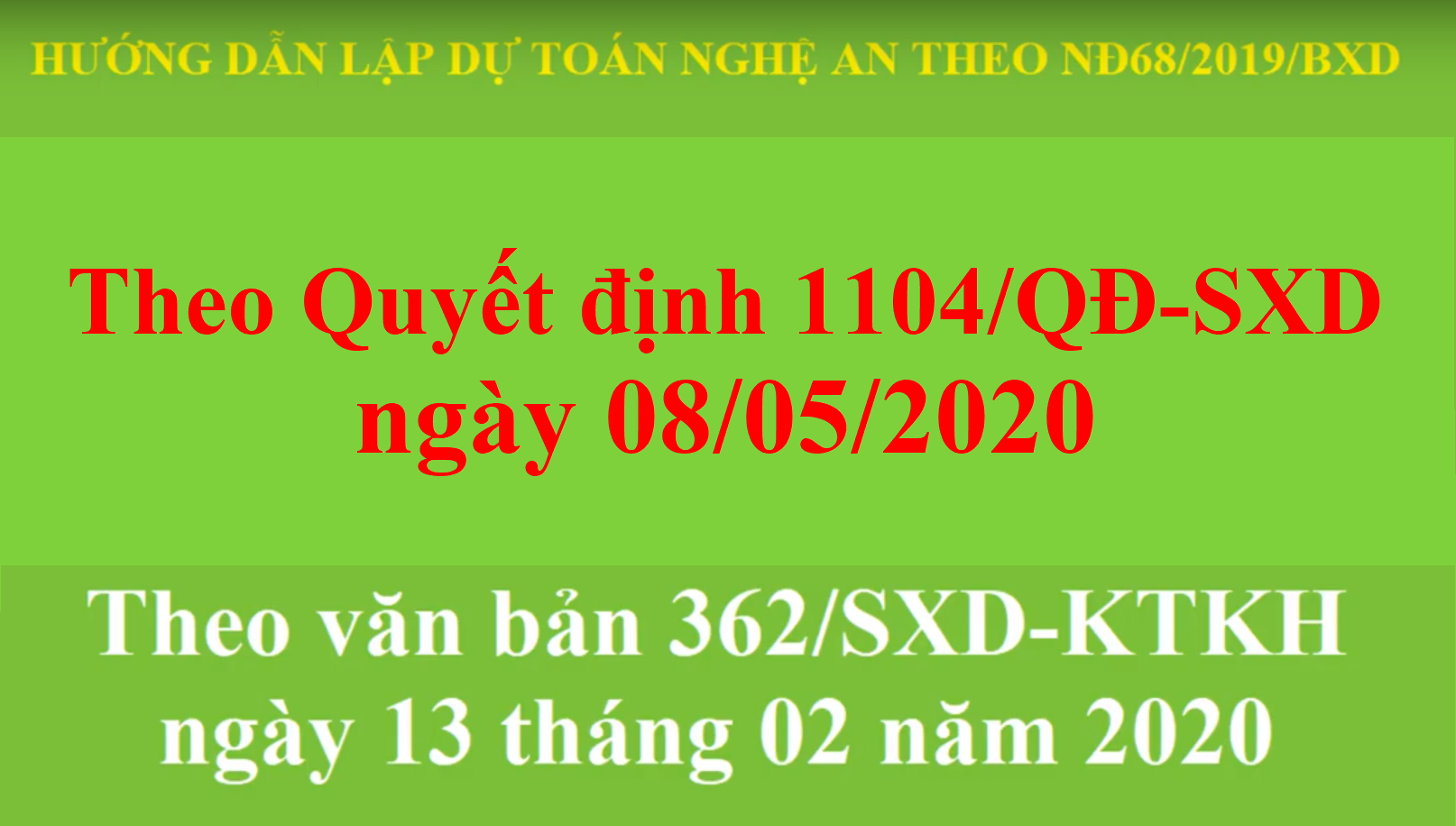 Hướng dẫn lập dự toán tỉnh Nghệ An theo Quyết định 1104/QĐ-SXD ngày 8/5/2020 và 362/SXD-KTKH